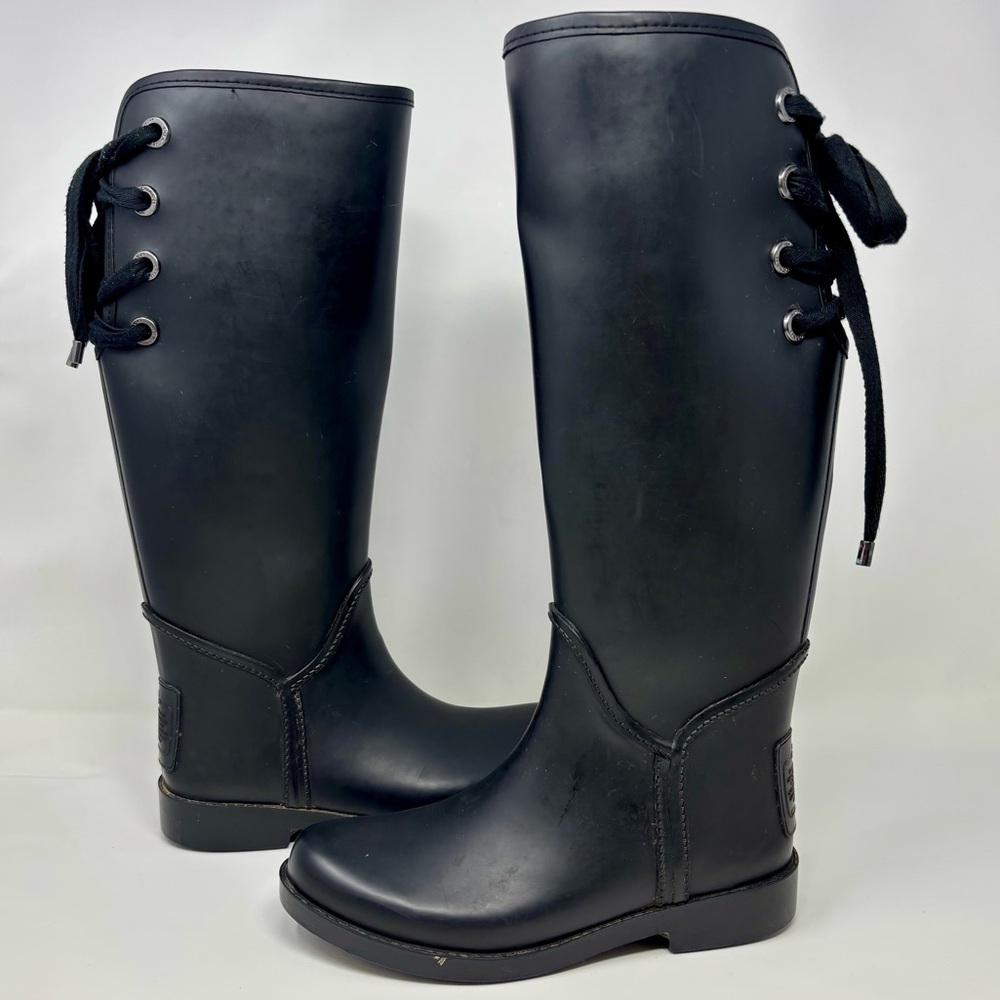 Coach Tristee Signature Matte Black Waterproof Lace Up Lined Rain Boots Classic